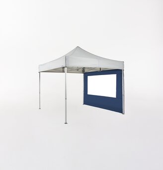 Light grey folding gazebo 3x3 m with dark blue side wall with window.